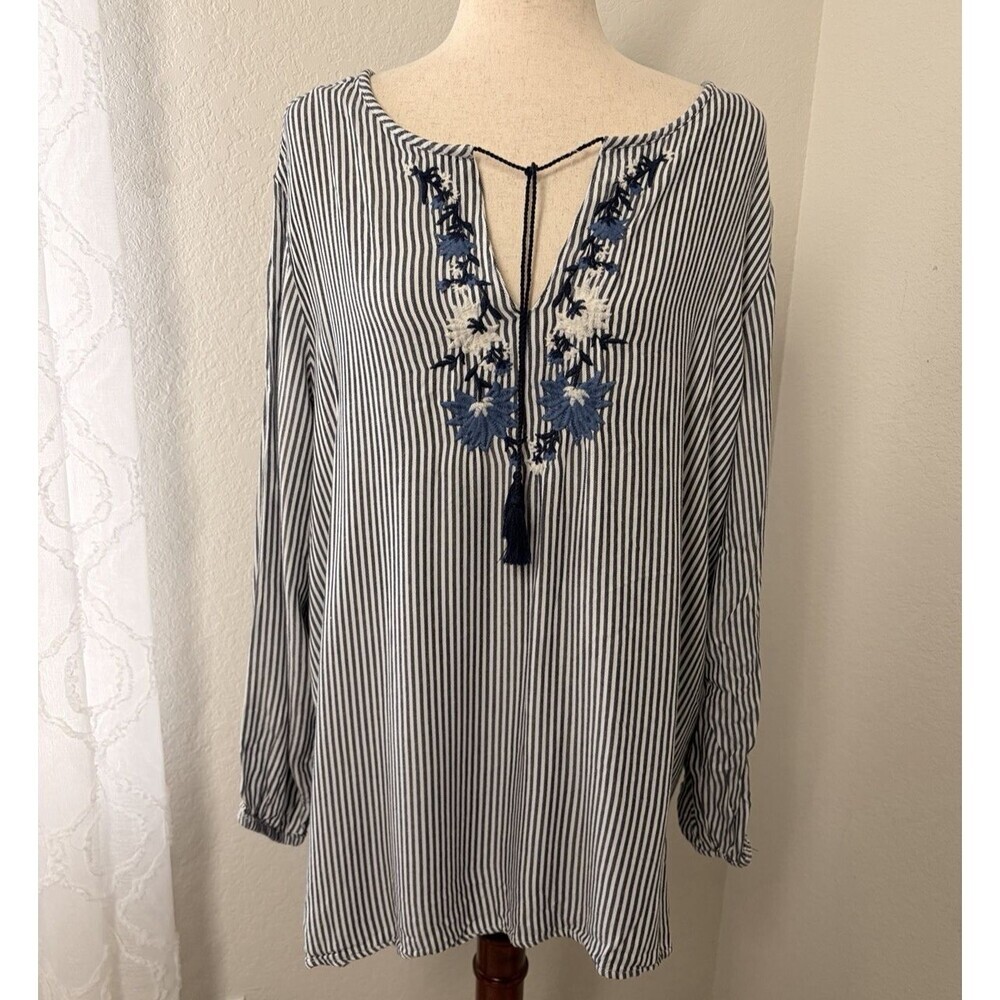Old Navy The Tunic Shirt White/Navy Stripe Embroidered Boho Retro Tie-Neck  XXL